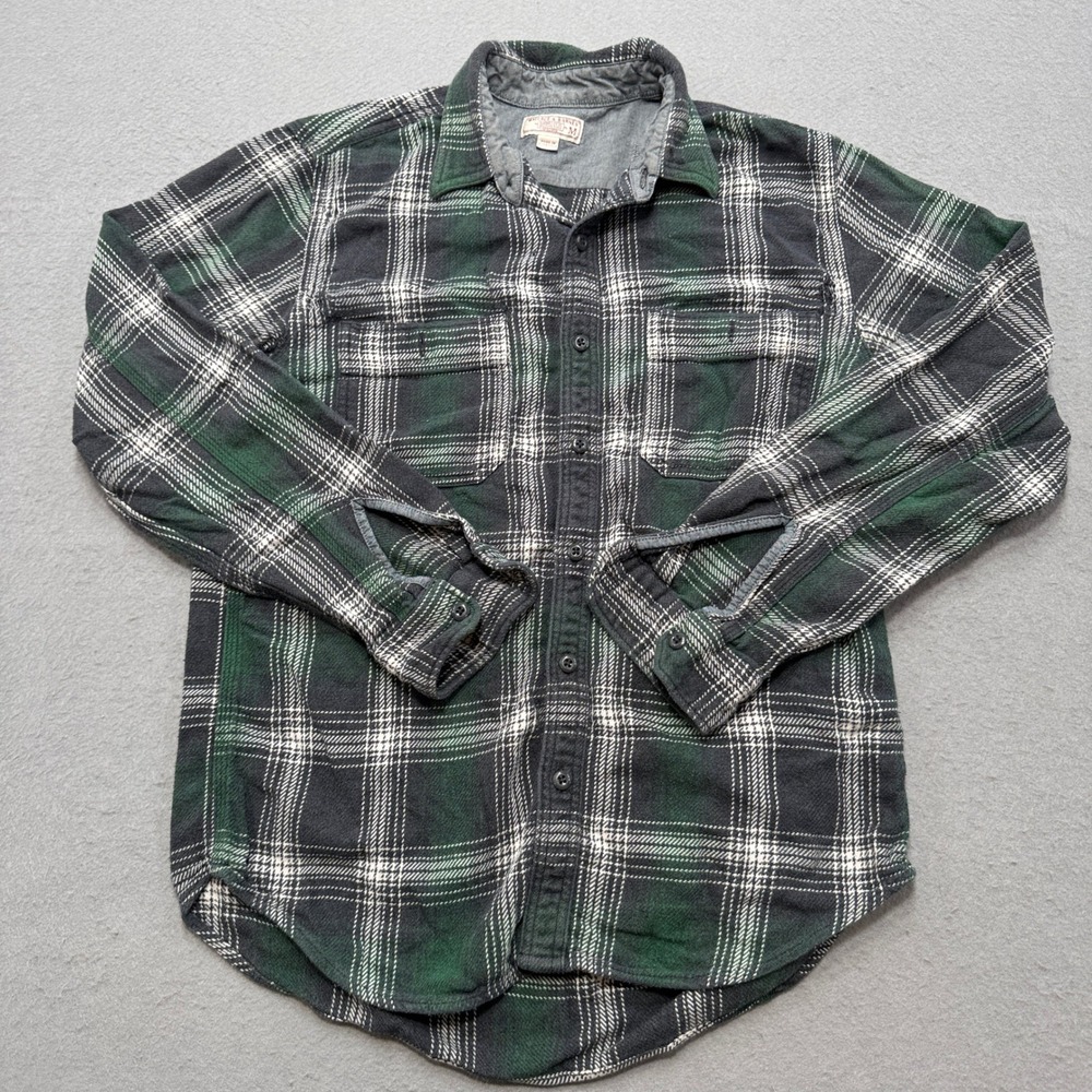 Wallace & Barnes Flannel Shirt Men's Medium Green Black Plaid Cotton Long Sleeve